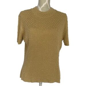 Vintage Northeast Knitters Pearlized Gold Glitter Short Sleeve Knit Sweater XL